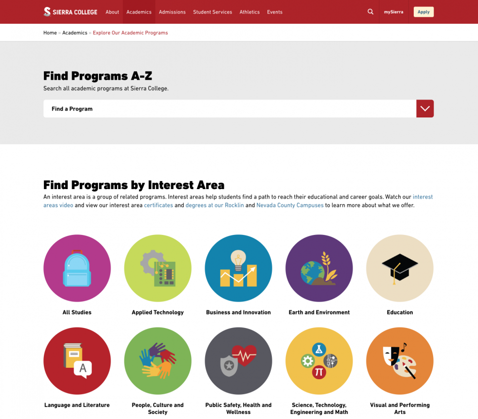 Sierra College Academic Program Finder Tool